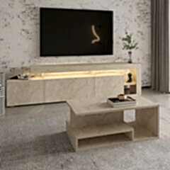 İnarch Dizayn Beliz LED Işıklı TV Sehpası ve Vera Orta Sehpa SET - Oturma Odası Modern Takım