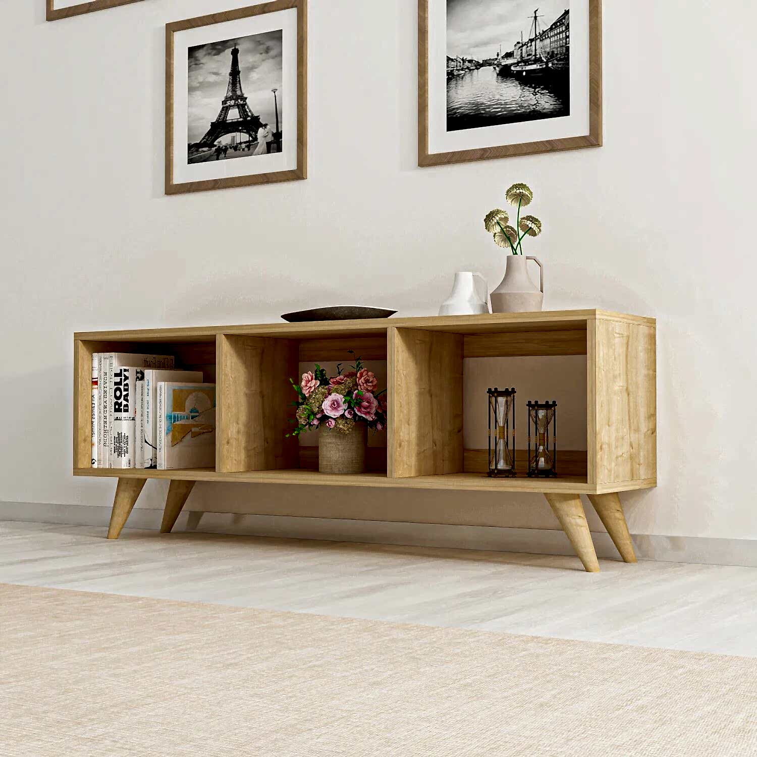 Tina TV Sehpası – 120 cm Açık Meşe Renkli, Retro Tarz Ahşap Ayaklı Minimal TV Sehpası