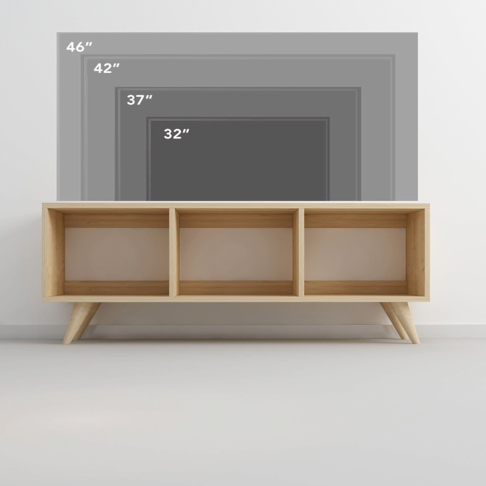 Tina TV Sehpası – 120 cm Açık Meşe Renkli, Retro Tarz Ahşap Ayaklı Minimal TV Sehpası