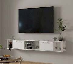 T006 Viero Mermer Desenli Duvara Monte TV Sehpası – 160 cm, Kapaklı Raflı