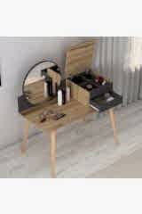 Angel Aynalı Fonksiyonel Makyaj Masası – Çekmeceli ve Gizli Takı Bölmeli, Ahşap Ayaklı