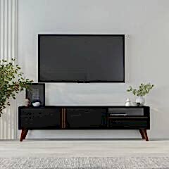 Lema T0018 TV Sehpası – Çekmeceli ve 2 Kapaklı – Ahşap Siyah Modern Medya Ünitesi