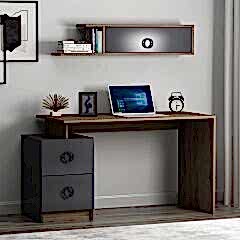Sera 2 Çekmeceli Çalışma Masası, Duvara Monte Üst Raflı – Antrasit/Antik Ceviz