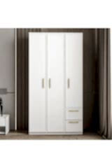 Vespera 3 Kapaklı 2 Çekmeceli Gardırop – Beyaz Altın Kulplu Şık Tasarım