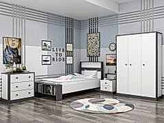 Life Genç Odası Takımı Beyaz/Antrasit – Tek Kişilik Karyola, 3 Kapaklı Gardırop, Komodin, Şifonyer