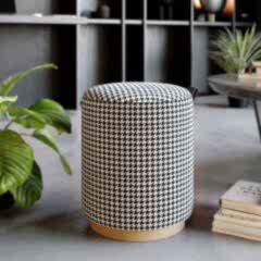 Macaria Puf, Oturma Odası, Antre Puf, Beyaz-Siyah (Kaz Ayağı Desen) - Gold Metal Ayak